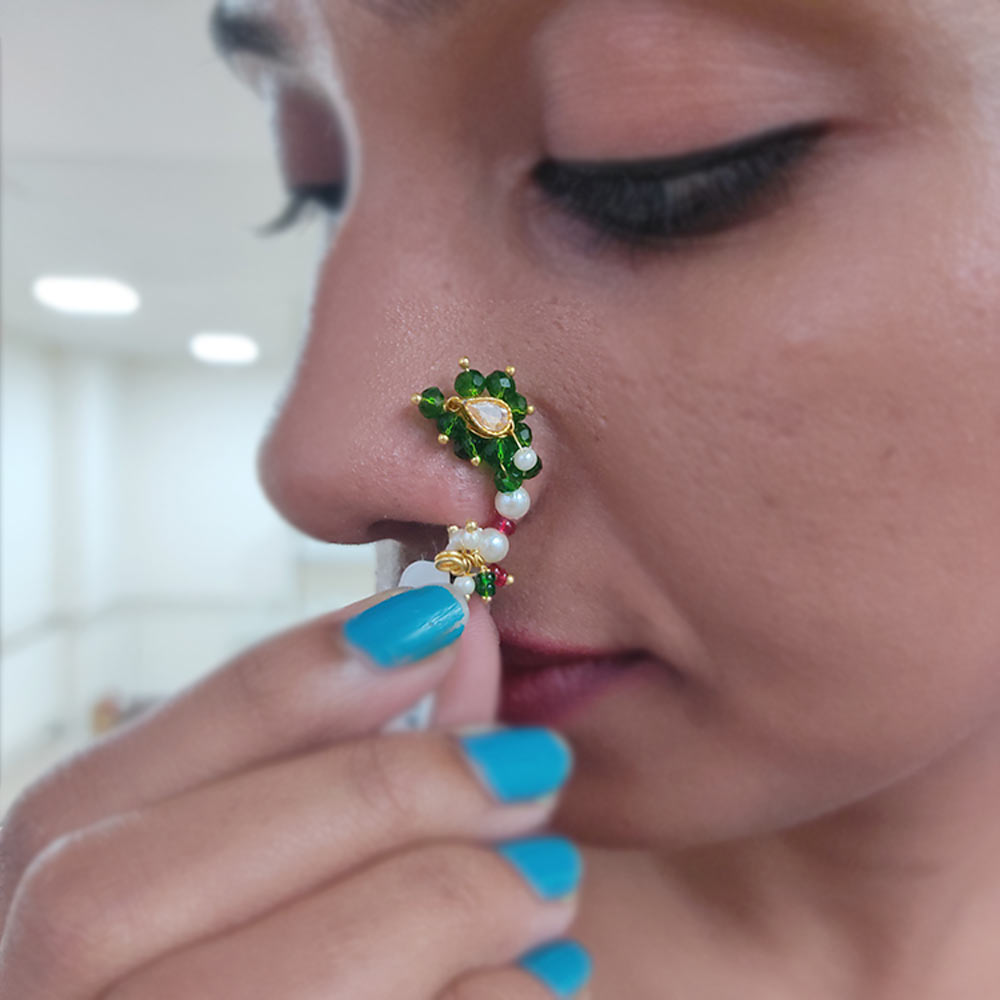 Green Color Maharashtrian Nath (Non-Pierced) Nathni Nose Ring Online-Hayagi