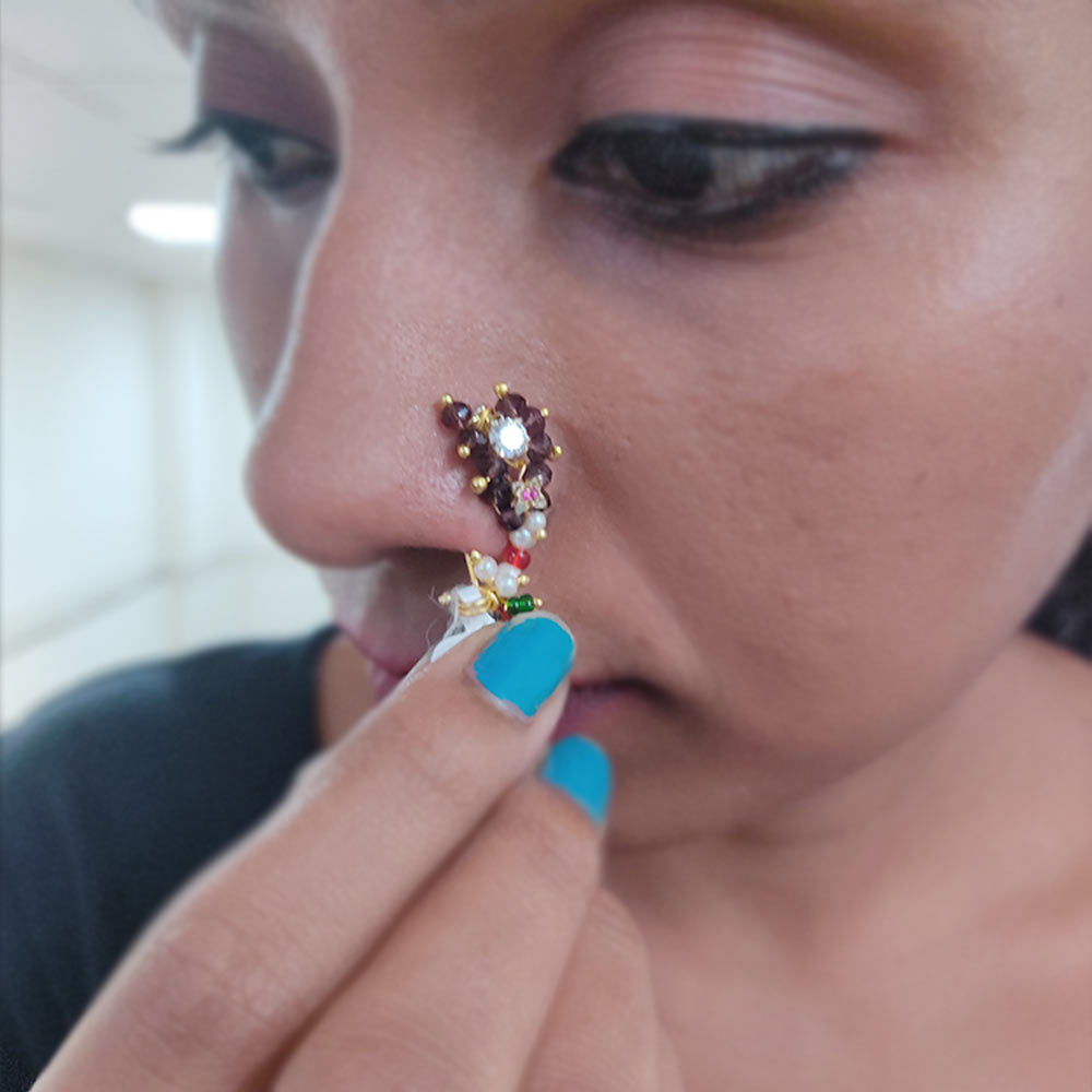 Brown Color Maharashtrian Nath (Non-Pierced) Nathni Nose Ring Online-Hayagi