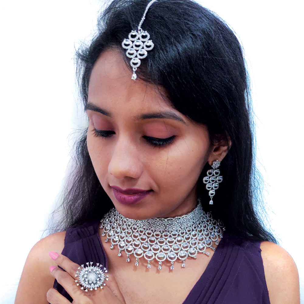 Broad Rhodium Choker Necklace Set Wedding Wear Online