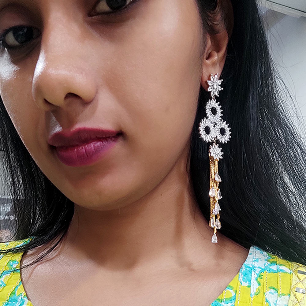 Golden Long Chain Earrings With White Stone Studded