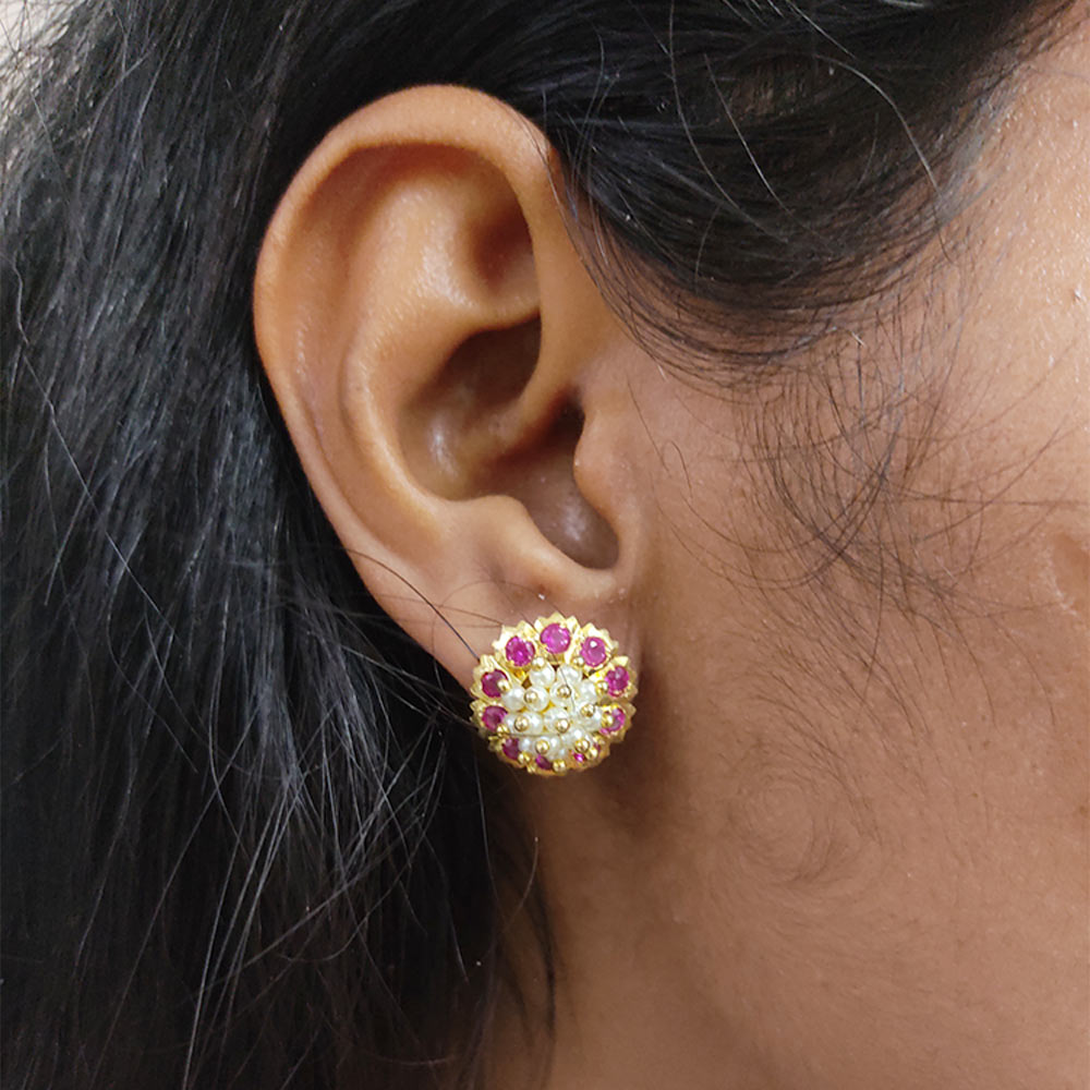 Kudi, Moti Thushi Tops Earrings Pearl Stone Tops