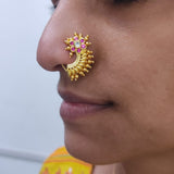Golden Pearl Nath With Pink Stones Studded