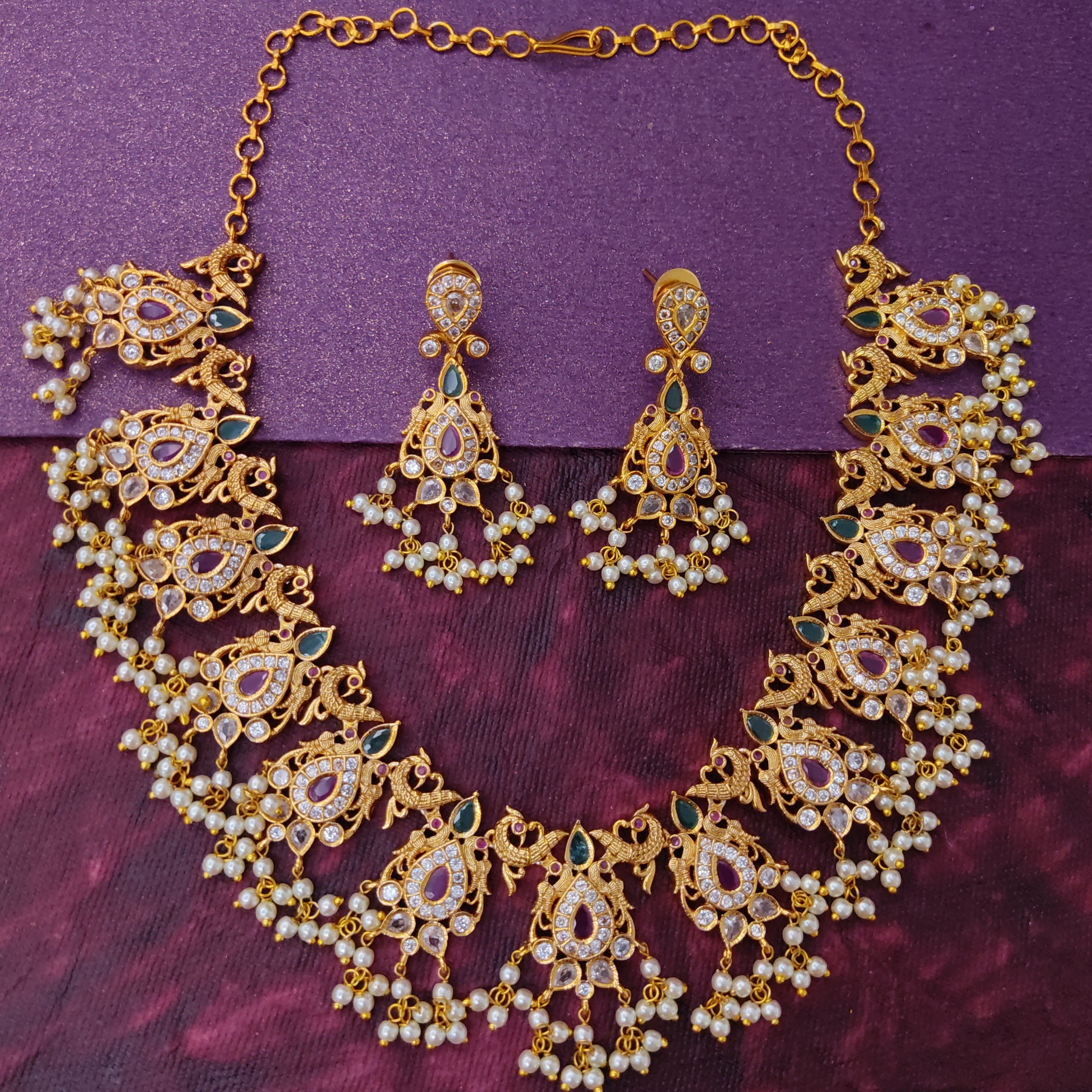Guttapusalu Peacock Design Pearl Necklace Golden Pendant