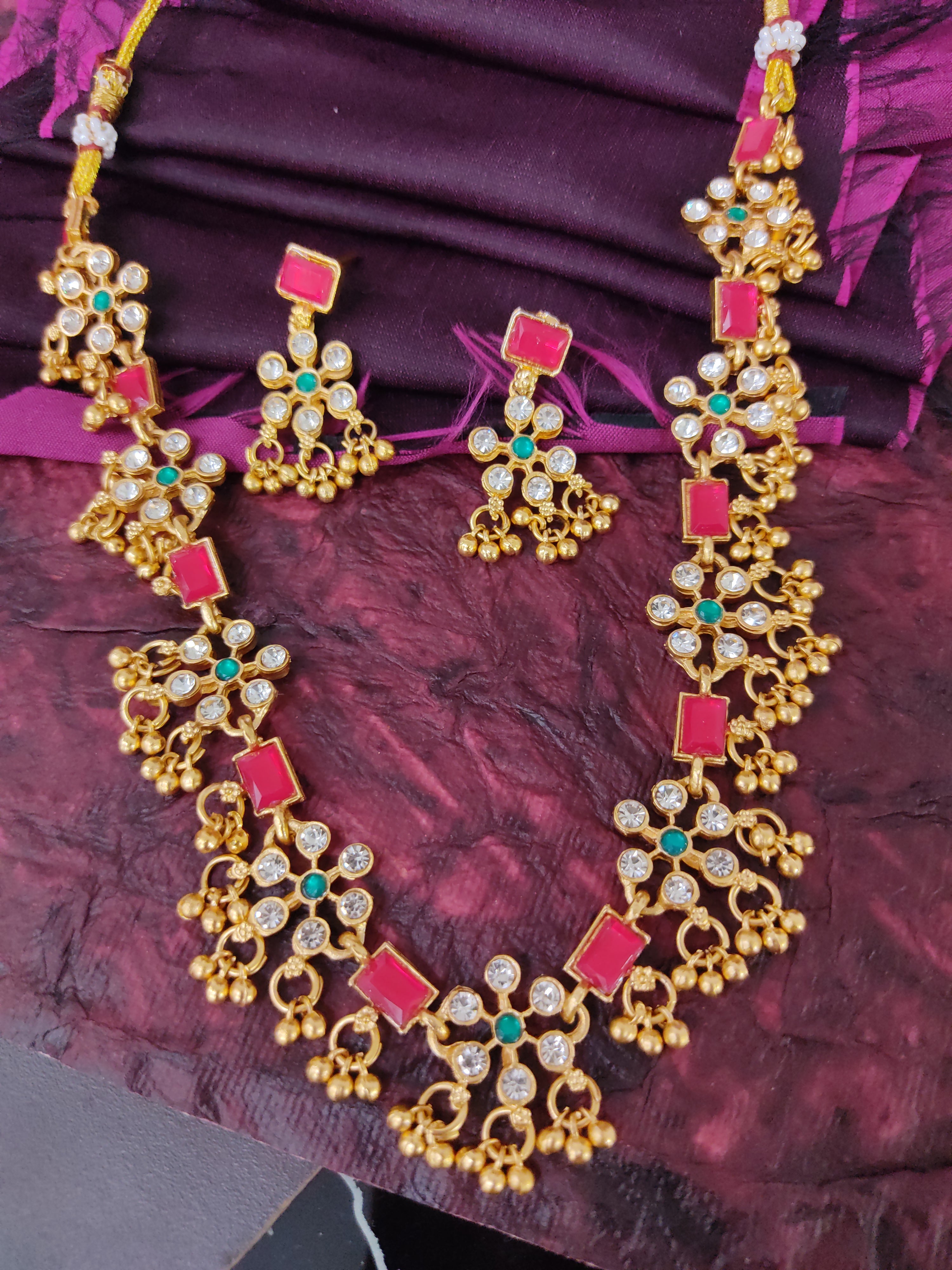 Gold Toned Short Necklace Set Multi CLR Stone Studded