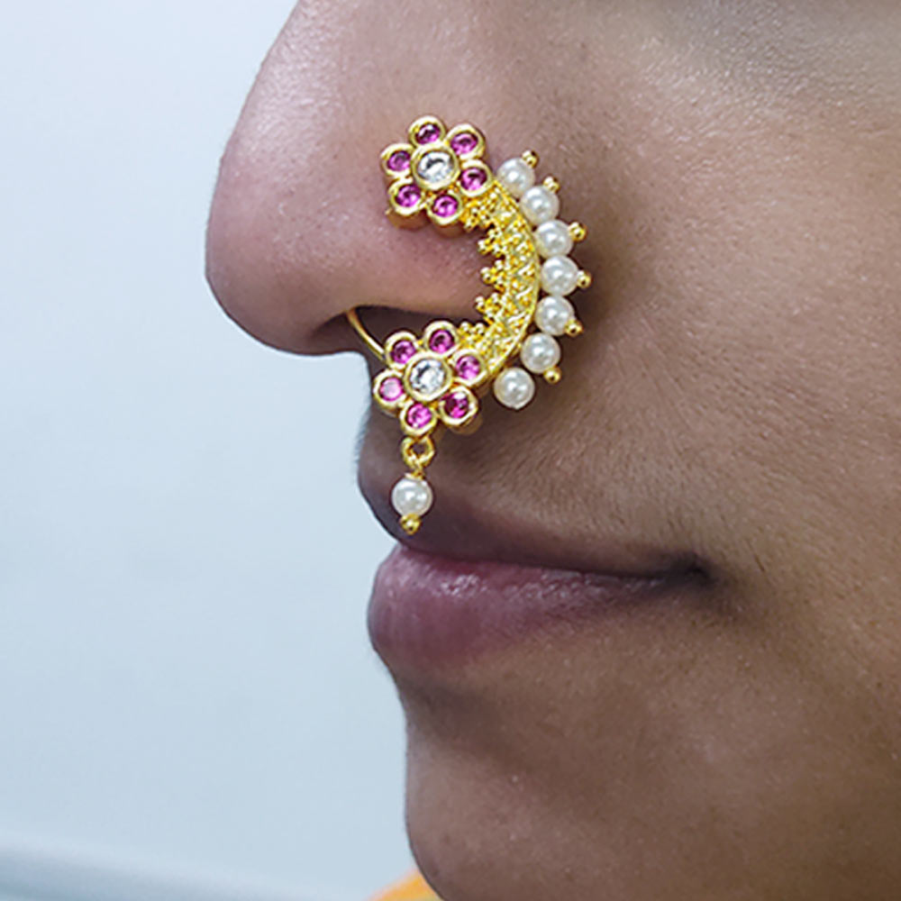 Buy Efulgenz Nose Rings Hoop with Chain Triple Layer Nath Nathni Nose Pin  Stud Fake Septum Ring Bridal Jewelry for Wedding Kundan Crystal Nose Hoop  Ring Non Piercing Body Jewelry for Women,White