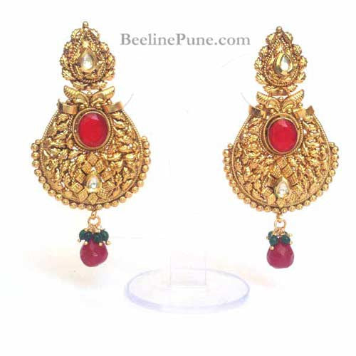 Ethnic Antique Gold Polish Red Earrings | Hayagi - Beeline 