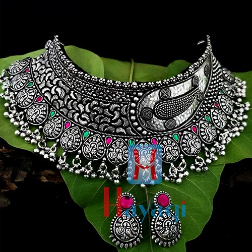 Silver Oxidized Choker Peacock Design Necklace Set