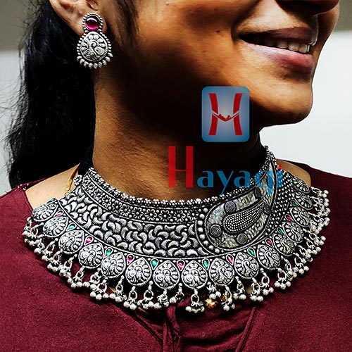 Oxidized Silver Spikes Choker Necklace Set - Bevy Pearls