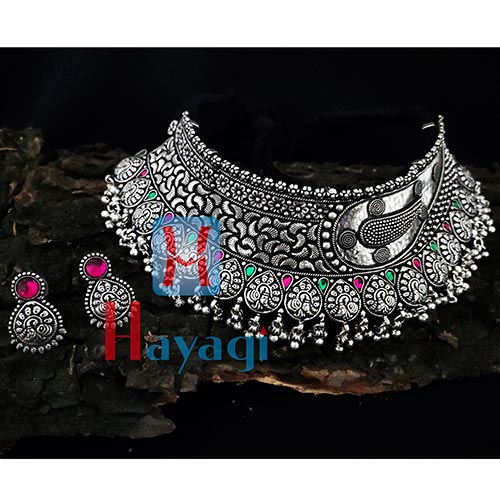 Silver Oxidized Choker Peacock Design Necklace Set