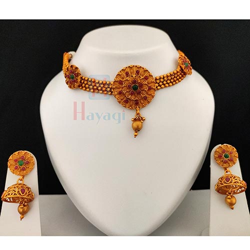 Designer Choker Necklace Maroon Green Studded Pendant_Hayagi(Pune)