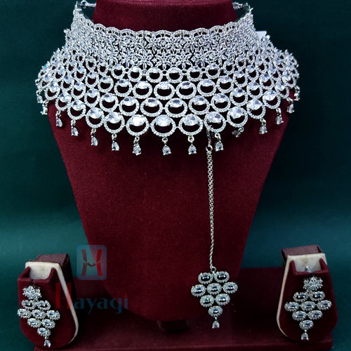 Broad Rhodium Choker Necklace Set Wedding Wear Online