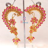 Flower Design Ear Cuffs With Pink Green Stone Studded