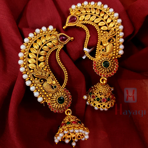 VAMA Matte Gold Plated Antique Peacock Jewellery Full Ear Cuff Karnphool  Jhumka Earring For Women stylish