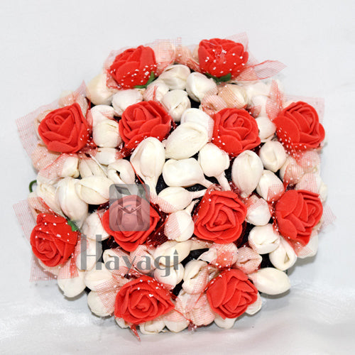 Grand White Mogra With Crimson Rose Flowers Hair Bun Ambada