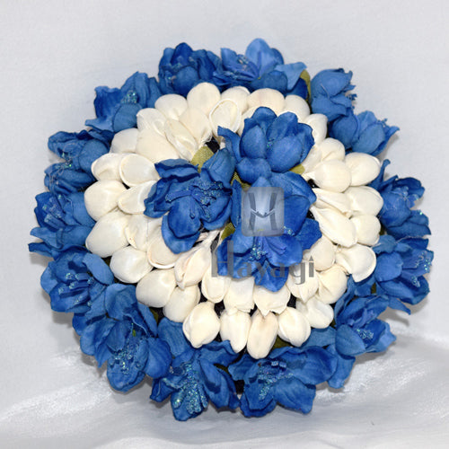 Sublime Egyptian Blue White Mogra Flowers Hair Bun Ambada_Hayagi