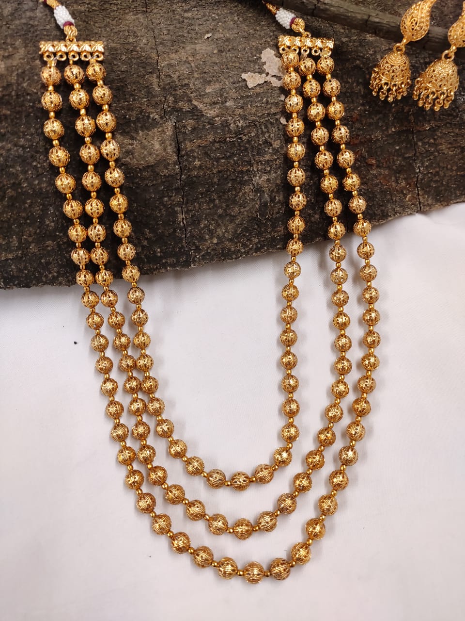 Golden 3 Line Netted Design Beads Mala Set - Hayagi