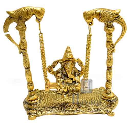 Golden Finish Ganesha On Jhula Hindu Idol For Home Mandir_Hayagi