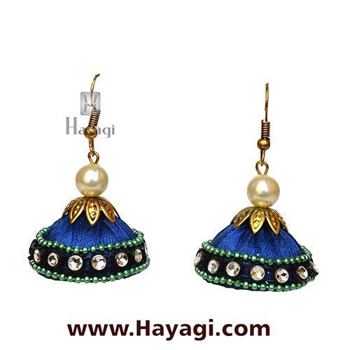 Silk/Resham Thread Blue Jhumka Earrings Online - Hayagi - Beeline  - 1