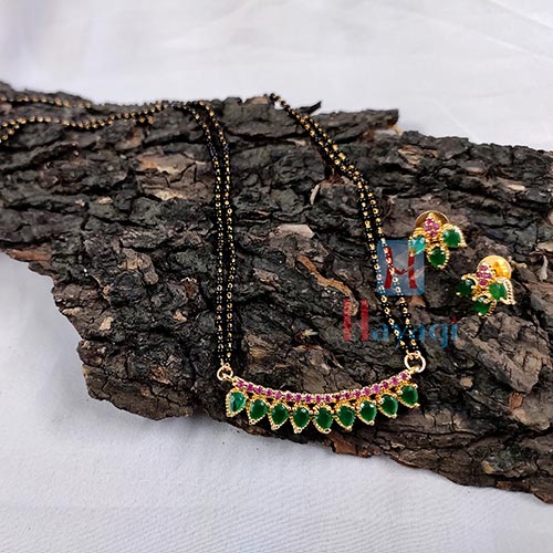 Short Mangalsutra With Pink Green Fine Stone Studded