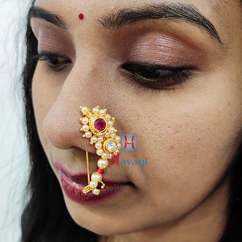 Maharashtrian Nath Gold Plated Peacock Design Nose Pin Red & Green Col –  Digital Dress Room