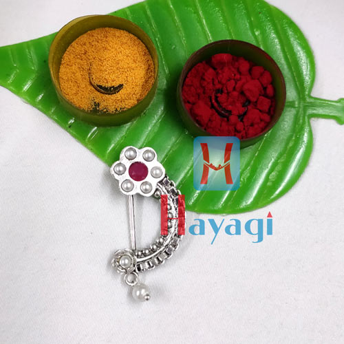 Oxidized Nath(Press) Flower Design Pearl,Maroon Stone_Hayagi(Pune)