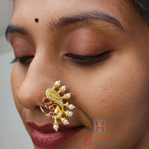 Buy Vail Creations Big Size Traditional Maharashtrian Nose ring without  piercing Pearl Gold Plated Nath Clip On Nose Ring For Women (Combo of 2) at  Amazon.in