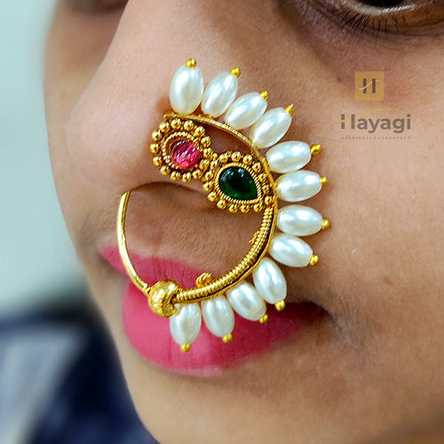Buy Shrungarika Designer Peacock Gold Plated Traditional Ethnic Bridal Maharashtrian  Nose Ring/Nath without piercing Encased with Pearl Stone for  Women/Girls(N-676) at Amazon.in