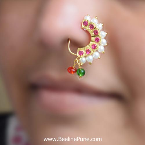Traditional Ethnic Bridal Maharashtrian Nose Ring Nath without piercing  Encased with Pearl (NL45M) - I Jewels - 3676131