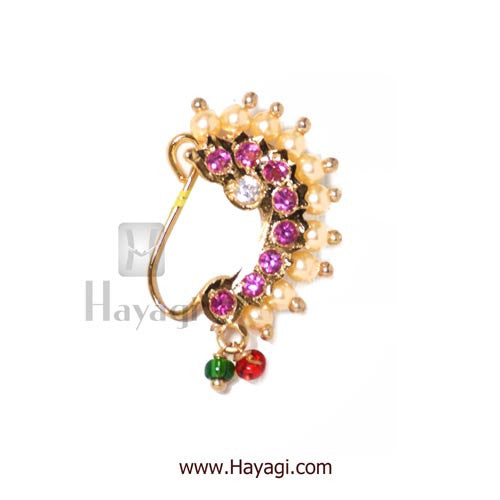Indian Ethnic Bridal Gold Tone Nathni Nose Ring Nath Pearl Chain Women  Jewelry | eBay