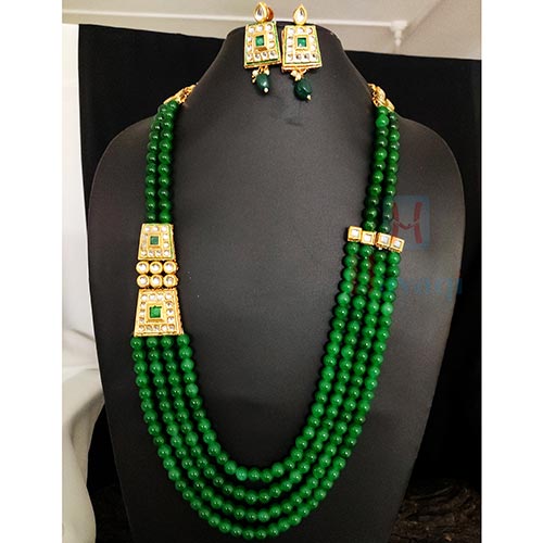 Green Beads 4 Line Long Necklace