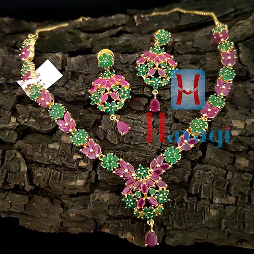 Designer AD Necklace Set Emerald Ruby Stones