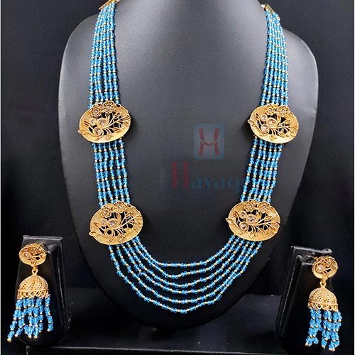 Designer Sky Blue beaded necklace earring set gemstone jewelry at ₹1950 |  Azilaa