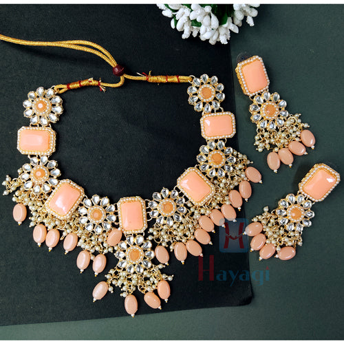 Kundan Necklace Light Orange Beads