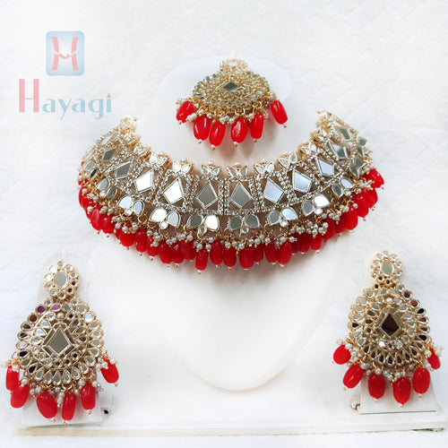 Red Crystal Heavy Look Bridal Choker Necklace Set – Hayagi