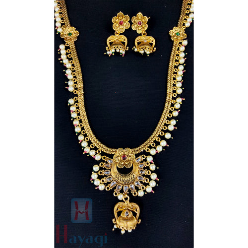 Gold Antique Finish Long Necklace Set With Pendant