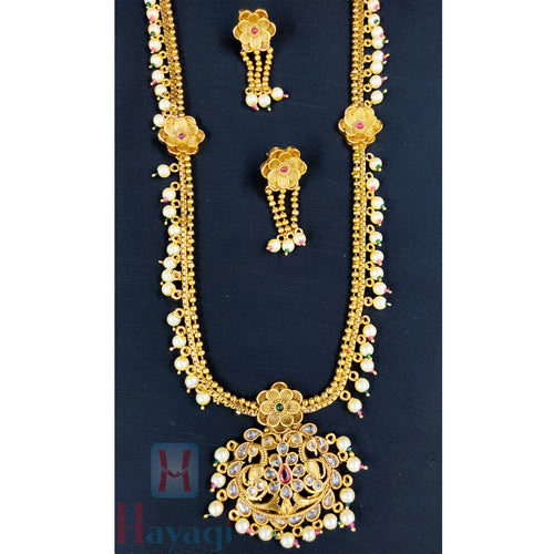 Long Golden Pearl Stone Necklace Set With Beautiful Pendant