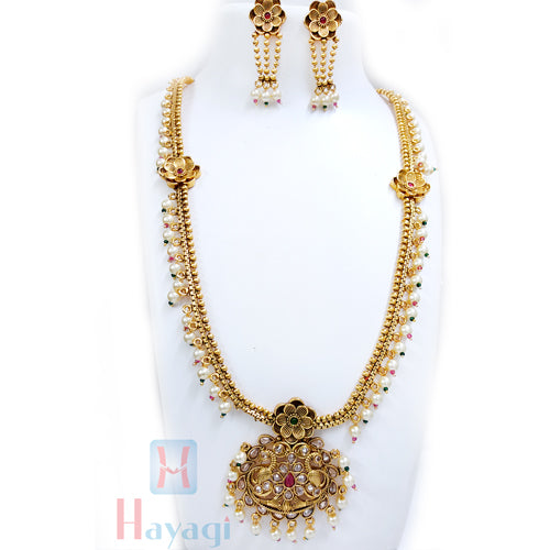 Long Golden Pearl Stone Necklace Set With Beautiful Pendant