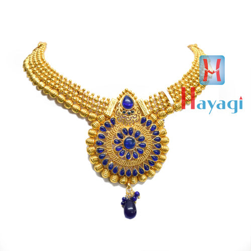 Gold Finish Real Kemp Blue Stone Goddess Lakshmi & Mangao Pendant with  Pearls&Agate Beeds Hanging Necklace set By Online