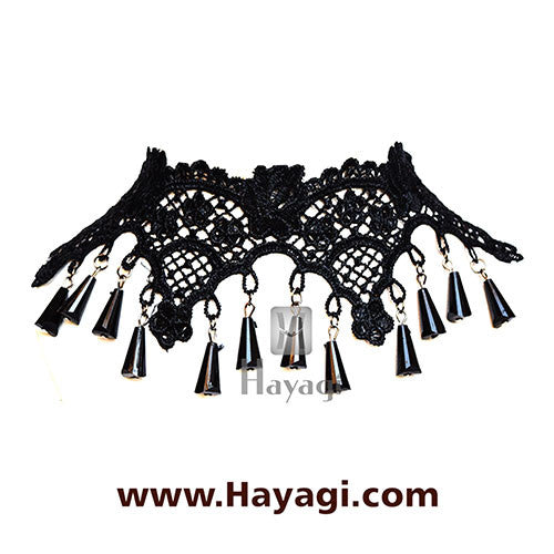 Lace Choker Necklace Black Beads Fabric Fashion Jewellery