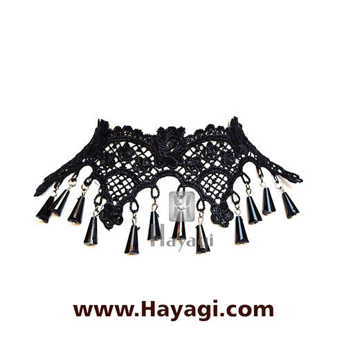 Lace Choker Necklace Black Beads Fabric Fashion Jewellery