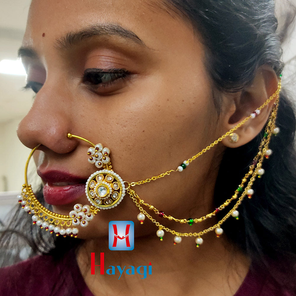 Nose Ring- Broad Round Nose Ring Pearl Decorated