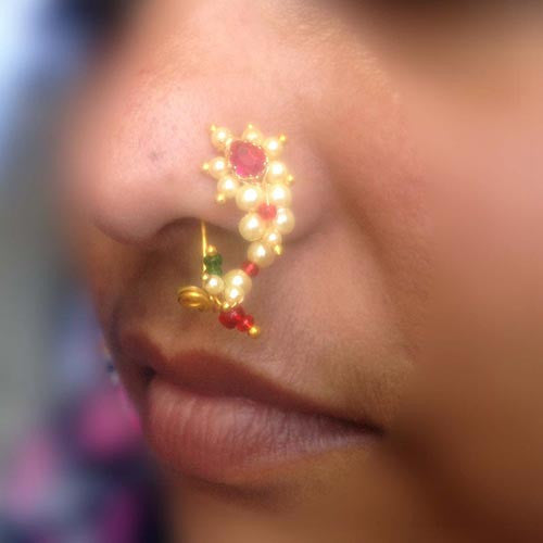 Traditional Big Size Maharashtrian Nose ring without piercing Clip On Nose  Ring Pearl Gold Plated Nath